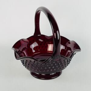 Ruby Red Glass Hobnail Scalloped Edge Round Basket 7 1/2 x 7 1/2 x 7 1/2”